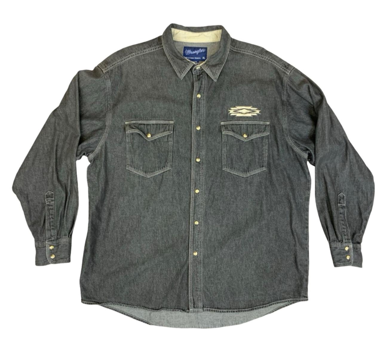 Vtg Wrangler Black Denim Pearl Snap Western Shirt Chimayo Native Embroidered XL