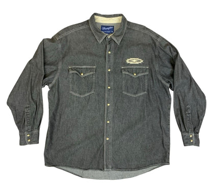 Vtg Wrangler Black Denim Pearl Snap Western Shirt Chimayo Native Embroidered XL