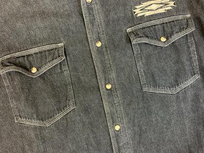 Vtg Wrangler Black Denim Pearl Snap Western Shirt Chimayo Native Embroidered XL