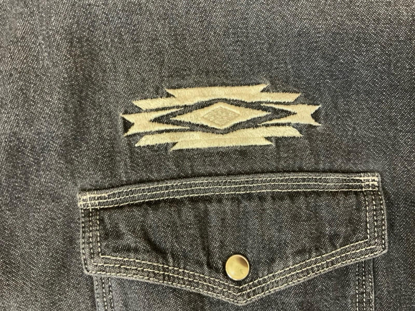 Vtg Wrangler Black Denim Pearl Snap Western Shirt Chimayo Native Embroidered XL