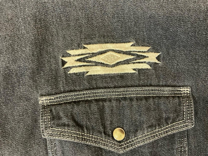 Vtg Wrangler Black Denim Pearl Snap Western Shirt Chimayo Native Embroidered XL