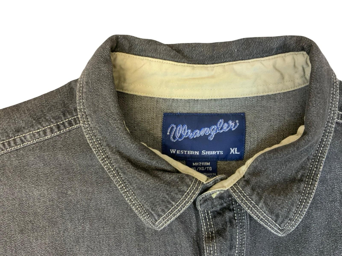 Vtg Wrangler Black Denim Pearl Snap Western Shirt Chimayo Native Embroidered XL