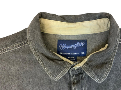 Vtg Wrangler Black Denim Pearl Snap Western Shirt Chimayo Native Embroidered XL