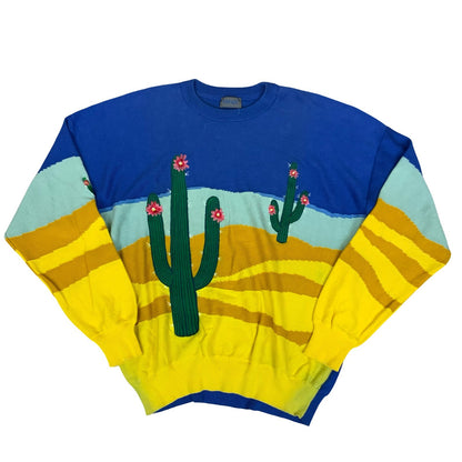 Vtg 'KENZO' Blue Yellow Cacti Desert Graphic Novelty Knitted Sweater Jumper 2XL