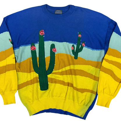 Vtg 'KENZO' Blue Yellow Cacti Desert Graphic Novelty Knitted Sweater Jumper 2XL