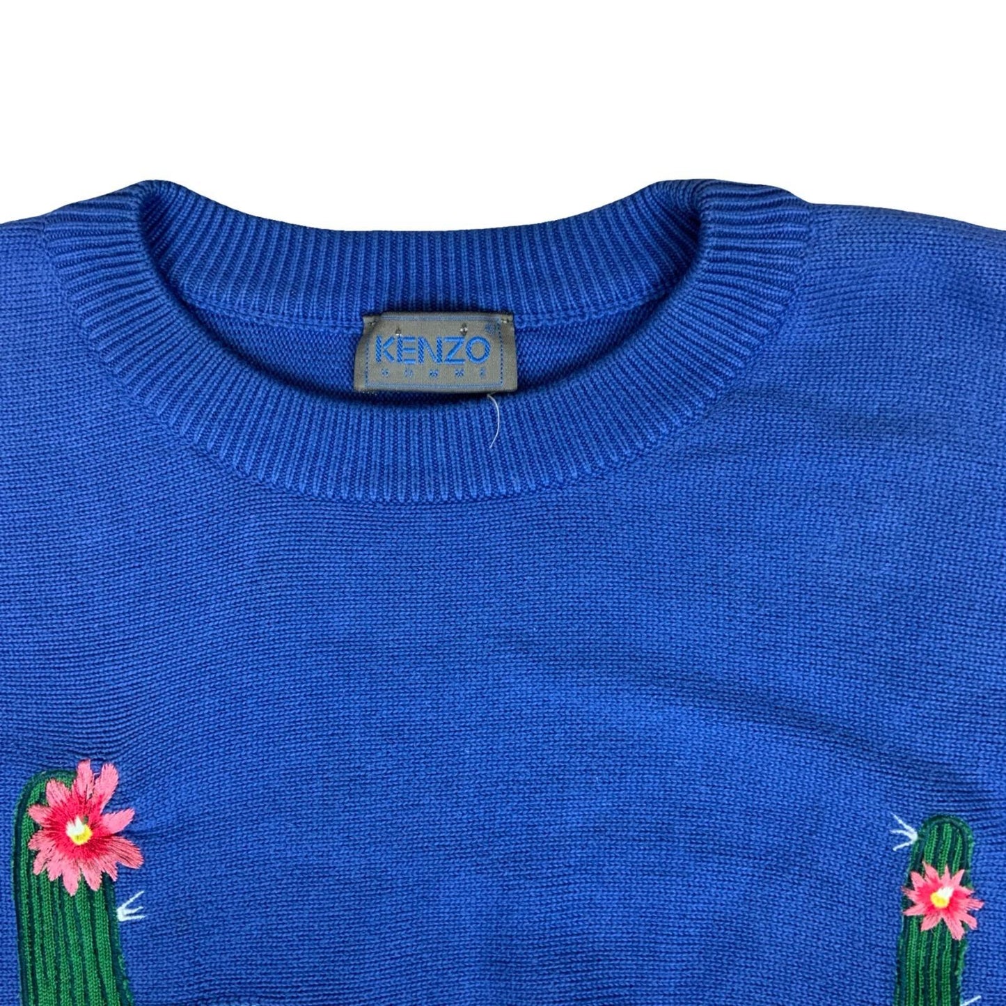 Vtg 'KENZO' Blue Yellow Cacti Desert Graphic Novelty Knitted Sweater Jumper 2XL