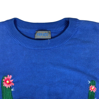Vtg 'KENZO' Blue Yellow Cacti Desert Graphic Novelty Knitted Sweater Jumper 2XL