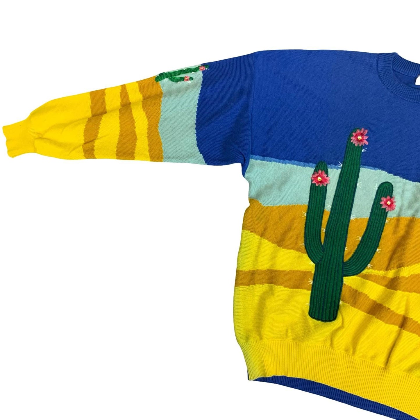 Vtg 'KENZO' Blue Yellow Cacti Desert Graphic Novelty Knitted Sweater Jumper 2XL