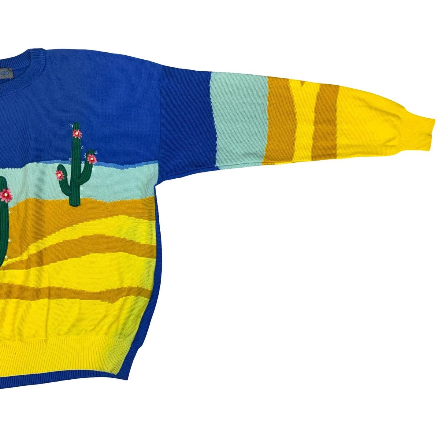 Vtg 'KENZO' Blue Yellow Cacti Desert Graphic Novelty Knitted Sweater Jumper 2XL