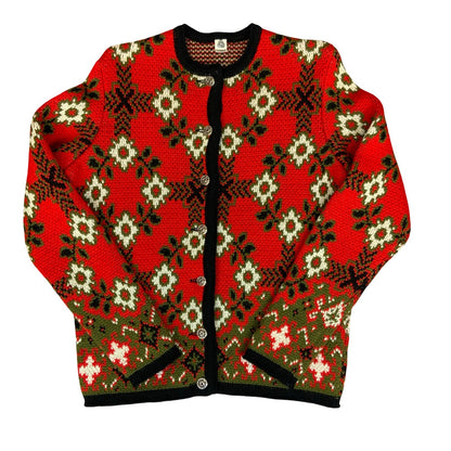 Vtg 80s Red Black White Floral Pattern Thick Heavy Knit Boxy Cardigan UK 12/14
