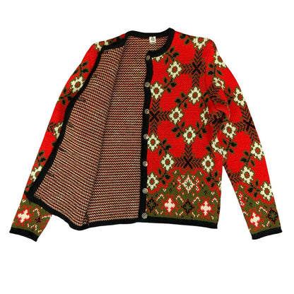 Vtg 80s Red Black White Floral Pattern Thick Heavy Knit Boxy Cardigan UK 12/14