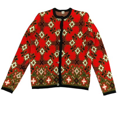Vtg 80s Red Black White Floral Pattern Thick Heavy Knit Boxy Cardigan UK 12/14