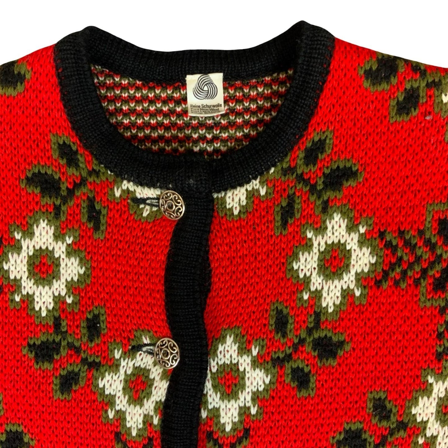 Vtg 80s Red Black White Floral Pattern Thick Heavy Knit Boxy Cardigan UK 12/14