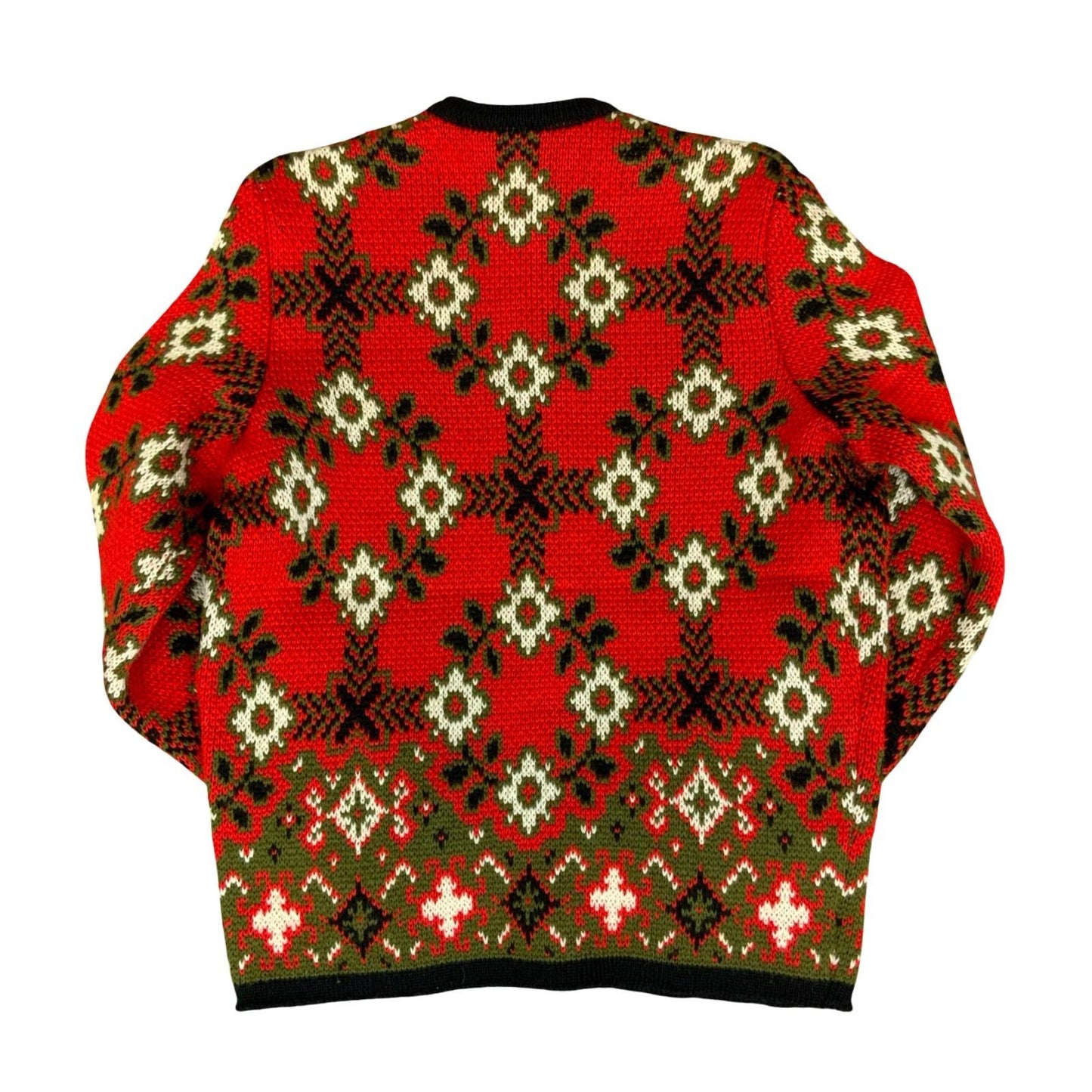 Vtg 80s Red Black White Floral Pattern Thick Heavy Knit Boxy Cardigan UK 12/14