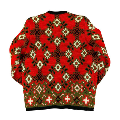 Vtg 80s Red Black White Floral Pattern Thick Heavy Knit Boxy Cardigan UK 12/14