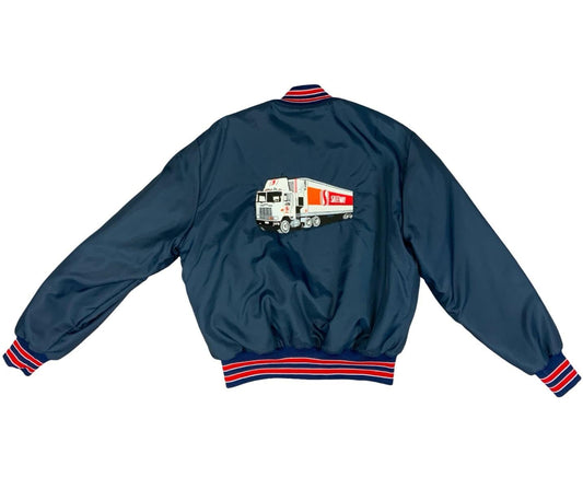 Vtg USA Navy Holloway Norcal Safeway Trucker Embroidered Nylon Varsity Jacket L