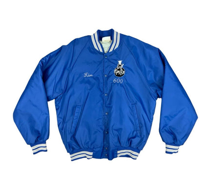 Vtg USA Royal Blue Hartwell Kingpin 600 Bowling Club Kim Nylon Varsity Jacket XL