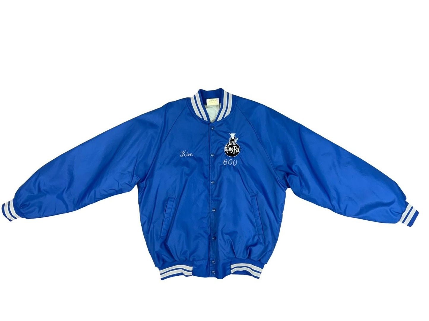 Vtg USA Royal Blue Hartwell Kingpin 600 Bowling Club Kim Nylon Varsity Jacket XL