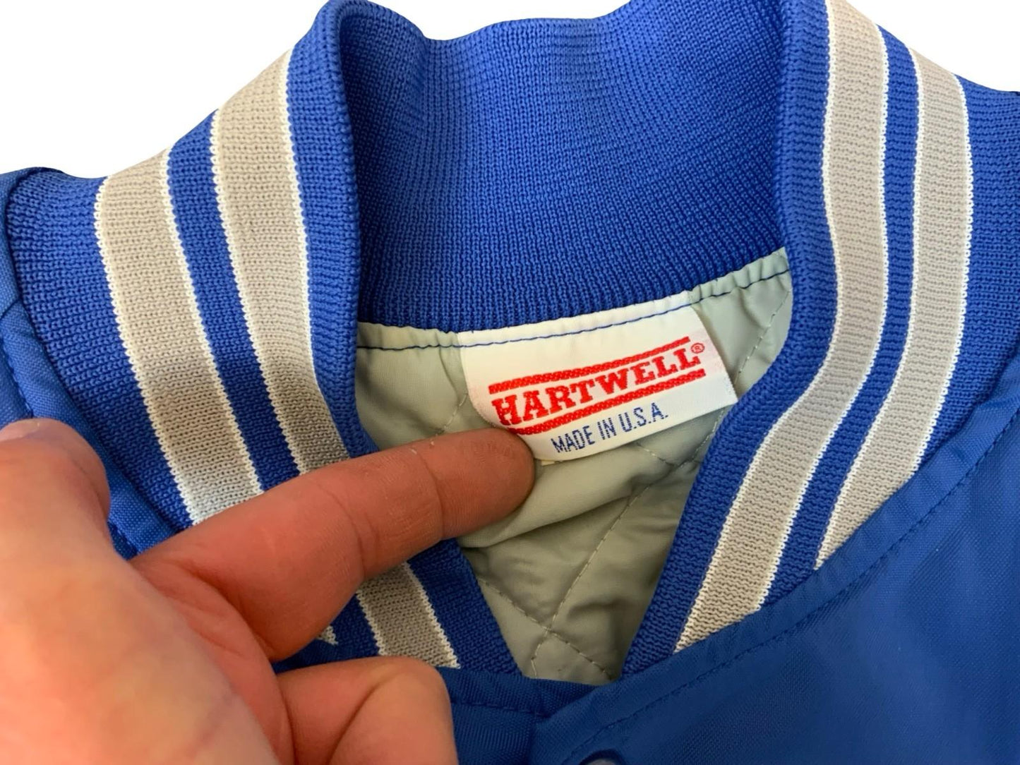 Vtg USA Royal Blue Hartwell Kingpin 600 Bowling Club Kim Nylon Varsity Jacket XL