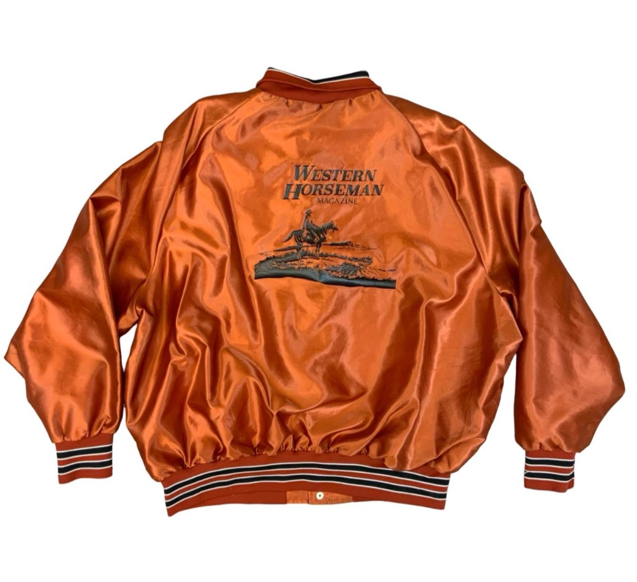 Vtg USA Orange Aristo-Jac Western Horseman Magazine Nylon Varsity Jacket XXL