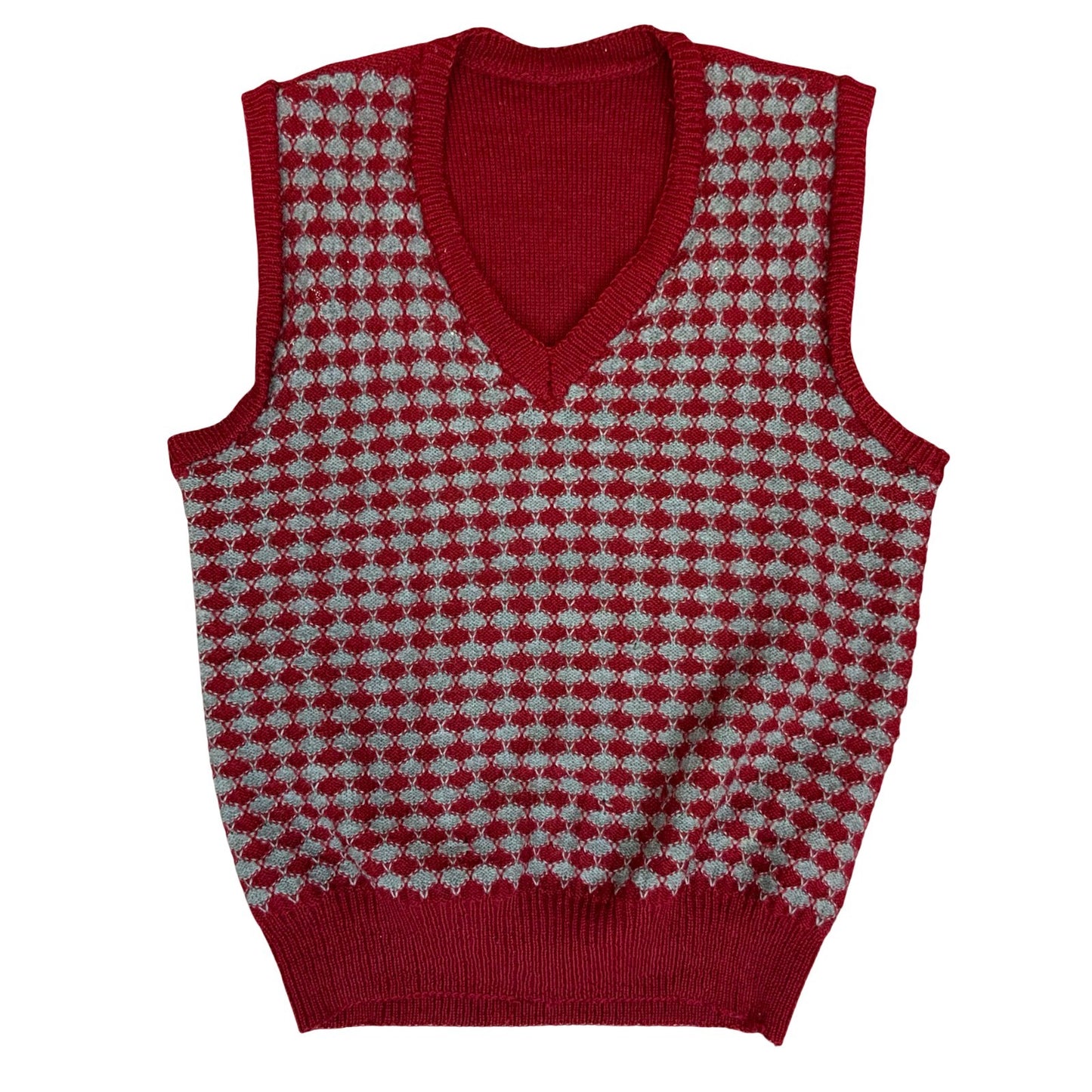 Vtg Red Grey Diamond Pattern V-Neck Casual Pullover Knitted Sweater Vest M UK 12