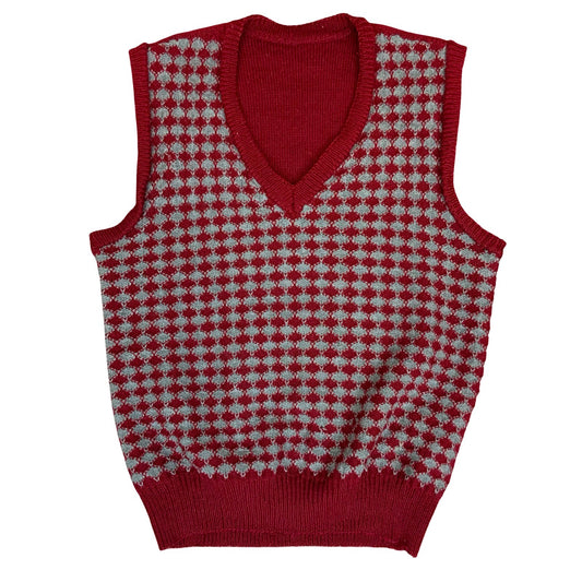 Vtg Red Grey Diamond Pattern V-Neck Casual Pullover Knitted Sweater Vest M UK 12