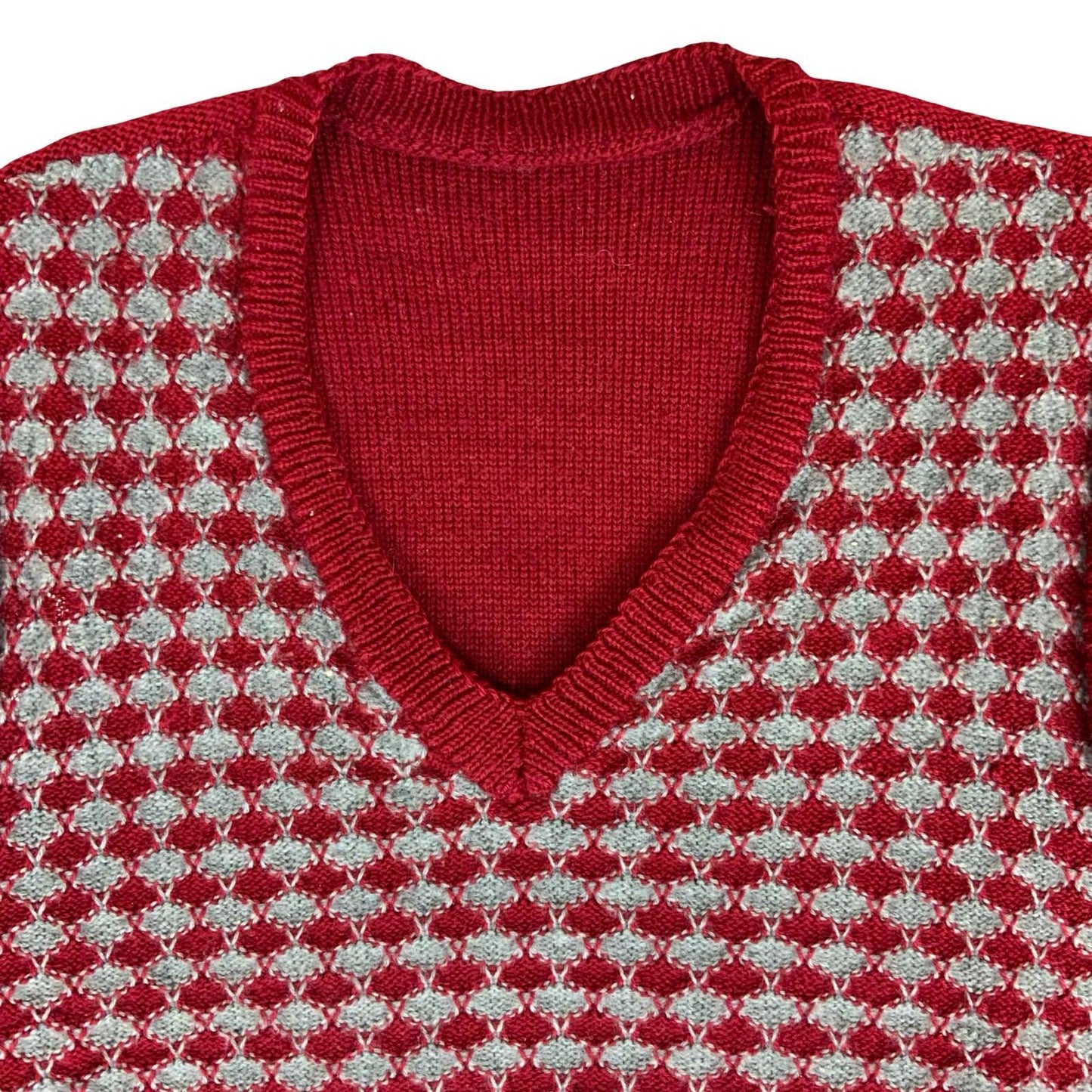 Vtg Red Grey Diamond Pattern V-Neck Casual Pullover Knitted Sweater Vest M UK 12