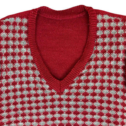 Vtg Red Grey Diamond Pattern V-Neck Casual Pullover Knitted Sweater Vest M UK 12