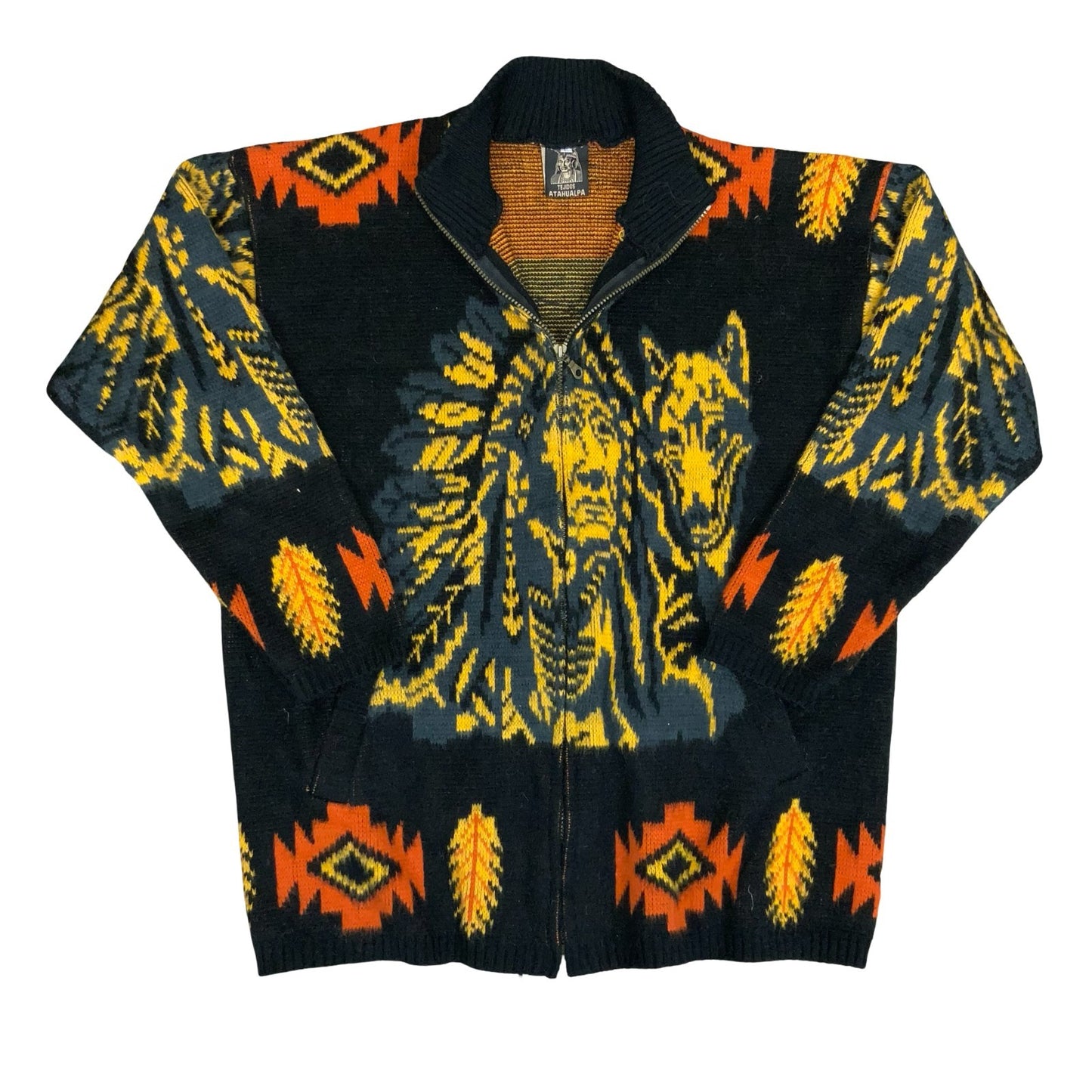 Vtg 'Tejidos Rumiñahui' Black Yellow Orange Wolf Wool Full-Zip Sweater Cardi XL
