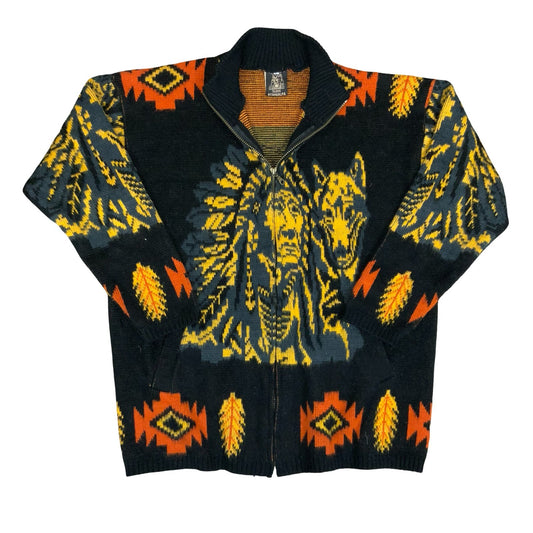 Vtg 'Tejidos Rumiñahui' Black Yellow Orange Wolf Wool Full-Zip Sweater Cardi XL