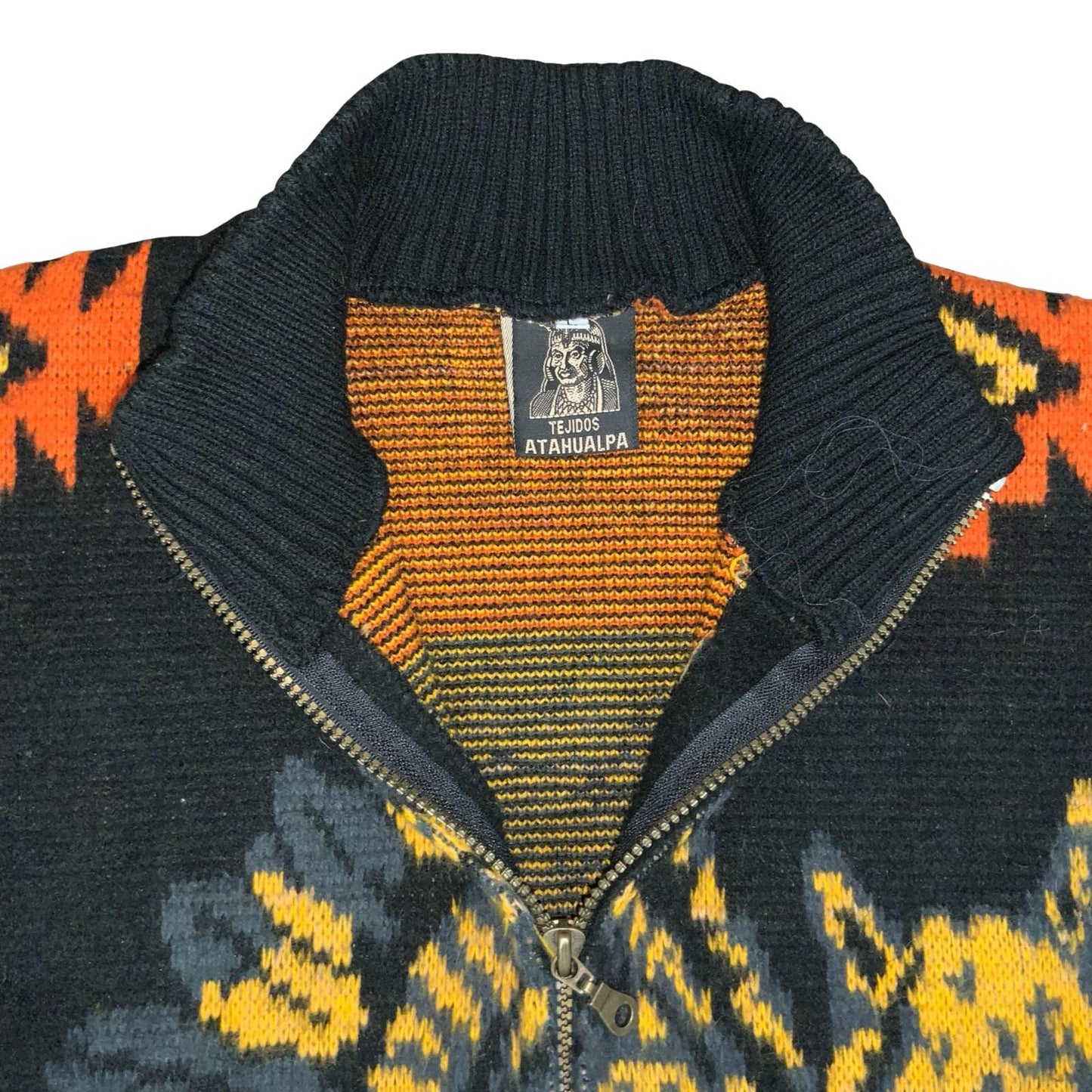 Vtg 'Tejidos Rumiñahui' Black Yellow Orange Wolf Wool Full-Zip Sweater Cardi XL