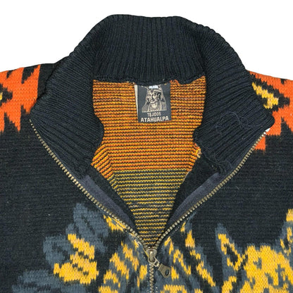 Vtg 'Tejidos Rumiñahui' Black Yellow Orange Wolf Wool Full-Zip Sweater Cardi XL
