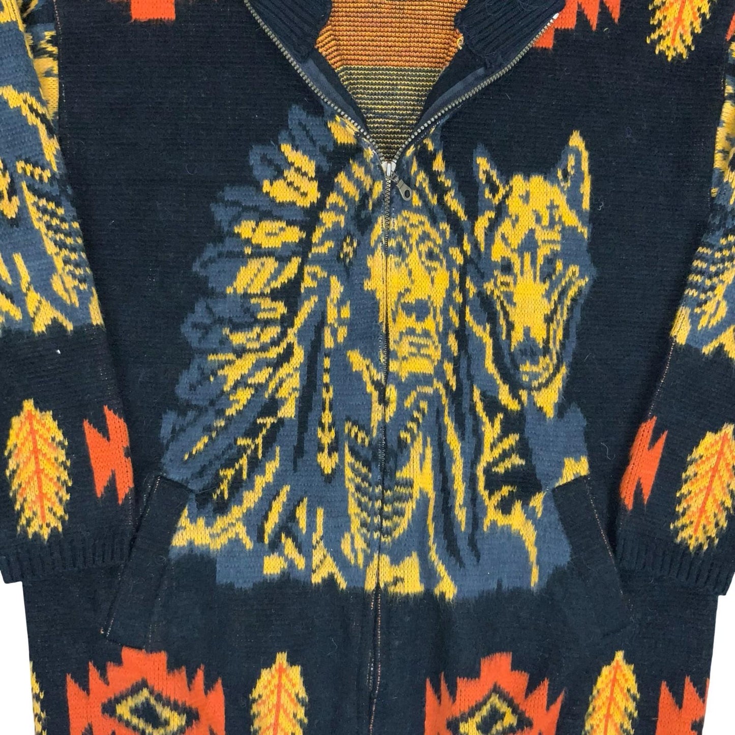 Vtg 'Tejidos Rumiñahui' Black Yellow Orange Wolf Wool Full-Zip Sweater Cardi XL