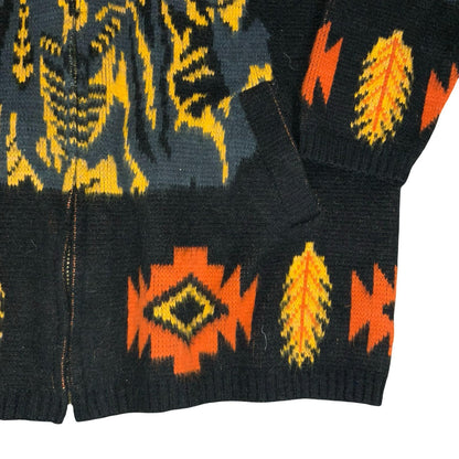 Vtg 'Tejidos Rumiñahui' Black Yellow Orange Wolf Wool Full-Zip Sweater Cardi XL
