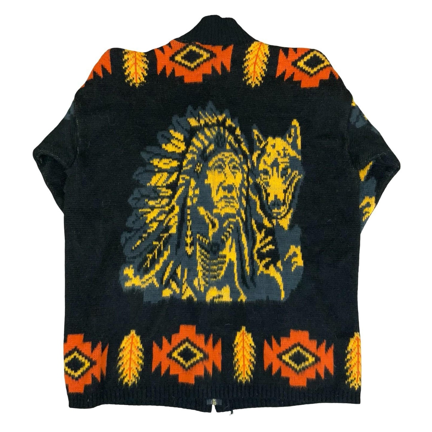 Vtg 'Tejidos Rumiñahui' Black Yellow Orange Wolf Wool Full-Zip Sweater Cardi XL