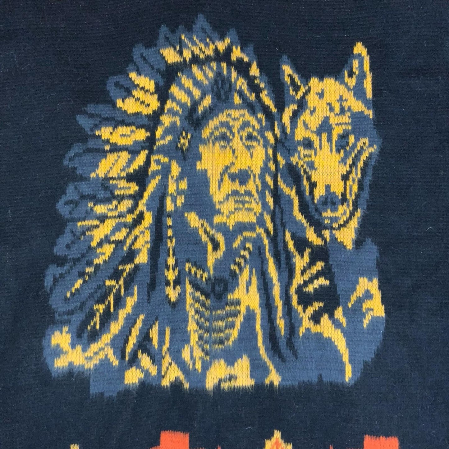 Vtg 'Tejidos Rumiñahui' Black Yellow Orange Wolf Wool Full-Zip Sweater Cardi XL