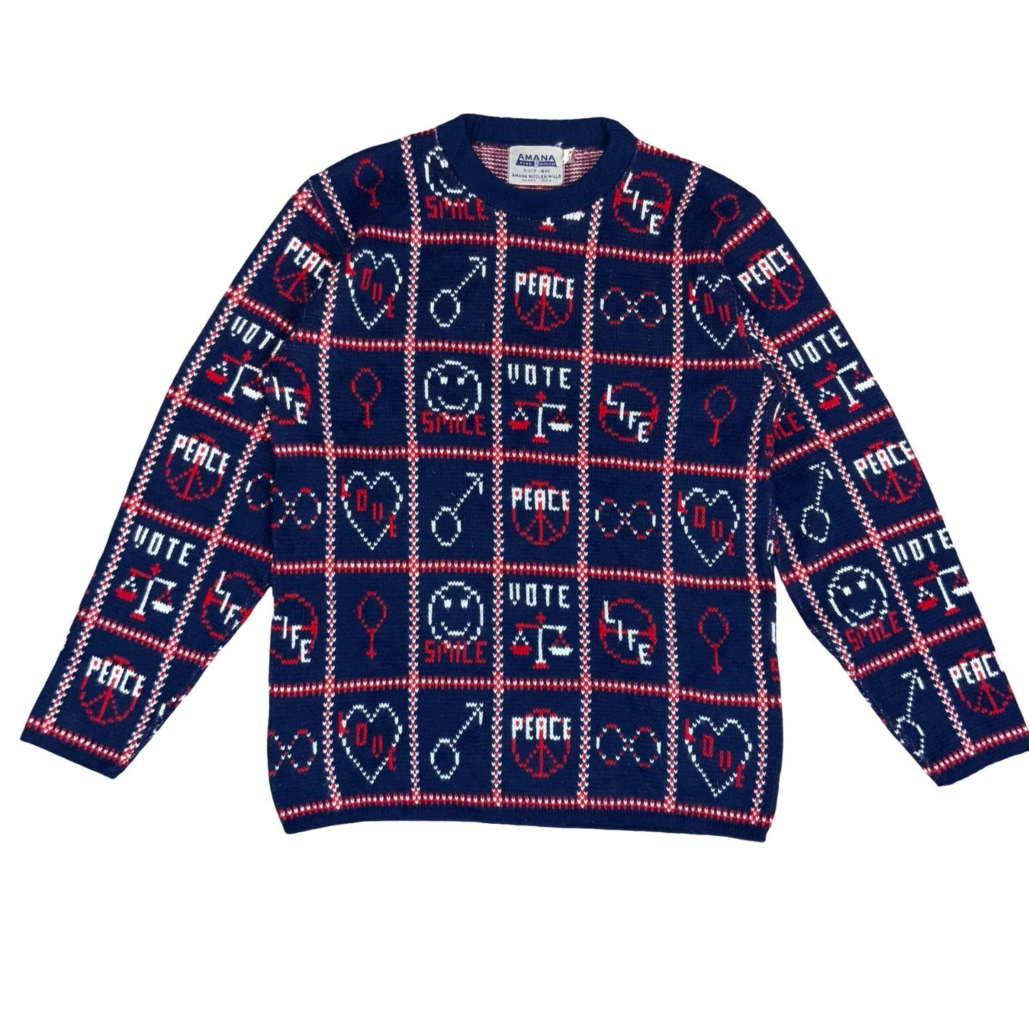 Vtg 80s 'Amana Woolen Mill' Blue Red White Peace Love Graphic Sweater S UK 10