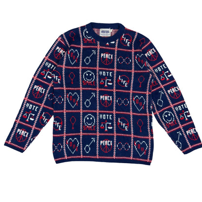 Vtg 80s 'Amana Woolen Mill' Blue Red White Peace Love Graphic Sweater S UK 10