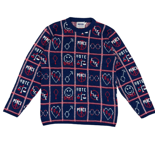 Vtg 80s 'Amana Woolen Mill' Blue Red White Peace Love Graphic Sweater S UK 10