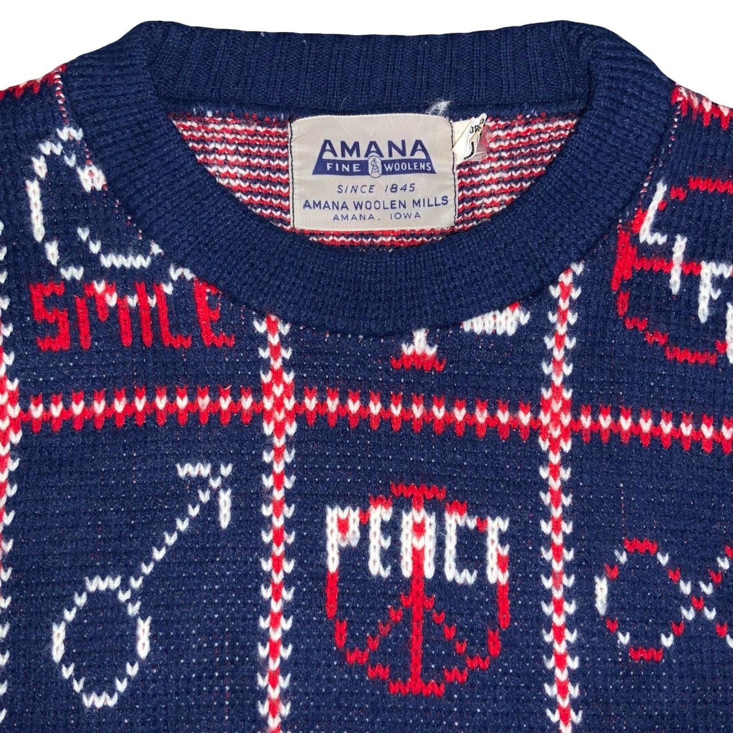 Vtg 80s 'Amana Woolen Mill' Blue Red White Peace Love Graphic Sweater S UK 10