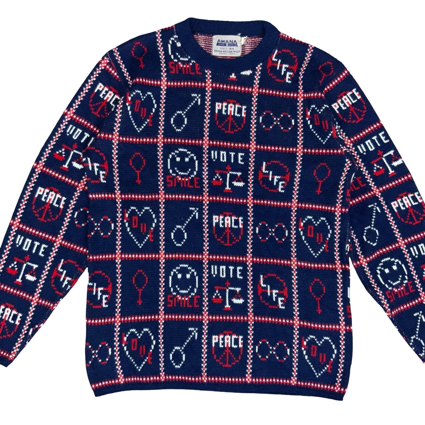 Vtg 80s 'Amana Woolen Mill' Blue Red White Peace Love Graphic Sweater S UK 10