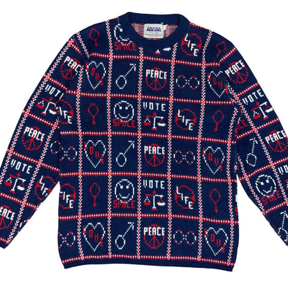 Vtg 80s 'Amana Woolen Mill' Blue Red White Peace Love Graphic Sweater S UK 10