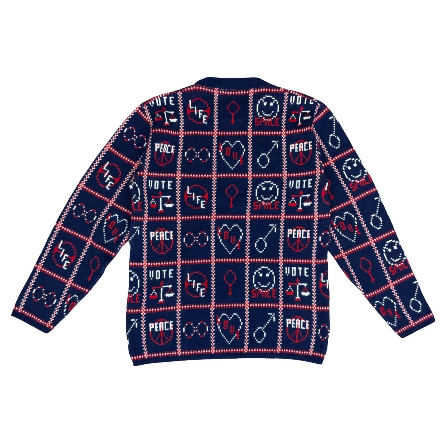 Vtg 80s 'Amana Woolen Mill' Blue Red White Peace Love Graphic Sweater S UK 10