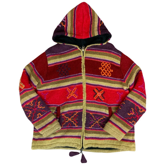 Vtg 90s 'Deerberg' Red Purple Abstract Geometric Knit Tapestry Fleece Jacket XL