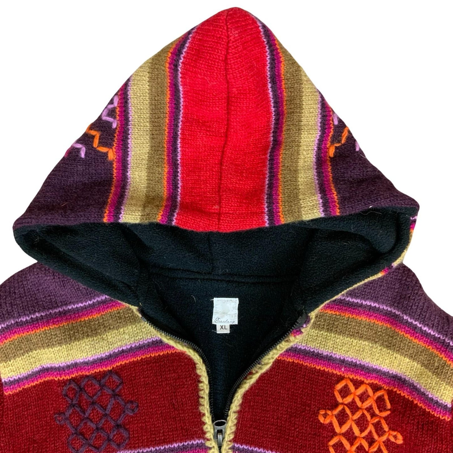 Vtg 90s 'Deerberg' Red Purple Abstract Geometric Knit Tapestry Fleece Jacket XL