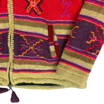 Vtg 90s 'Deerberg' Red Purple Abstract Geometric Knit Tapestry Fleece Jacket XL