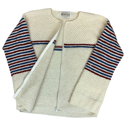 Vtg 70s 'Jesus' White Stripe Blue Red Full-Zip Tight Knit Casual Cardigan 10/12