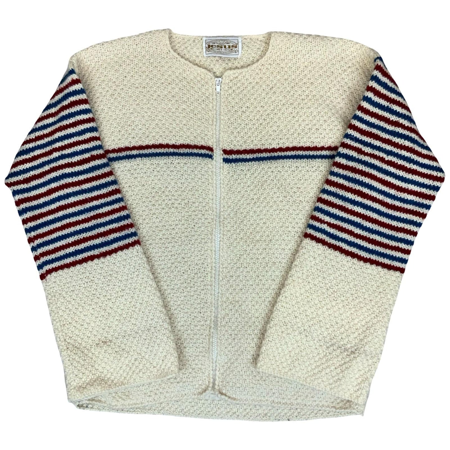 Vtg 70s 'Jesus' White Stripe Blue Red Full-Zip Tight Knit Casual Cardigan 10/12