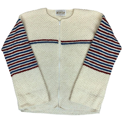 Vtg 70s 'Jesus' White Stripe Blue Red Full-Zip Tight Knit Casual Cardigan 10/12