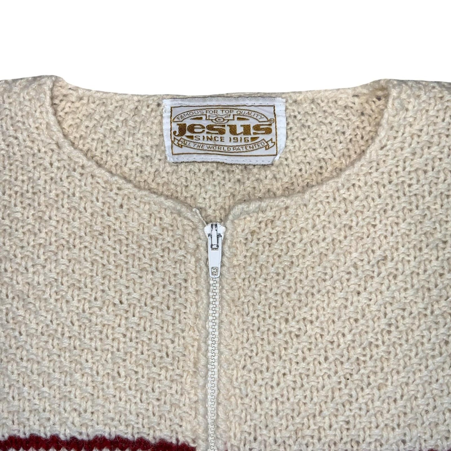 Vtg 70s 'Jesus' White Stripe Blue Red Full-Zip Tight Knit Casual Cardigan 10/12